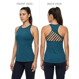 Kyodan Strappy Cage Back Racerback Yoga Tank Top Built-in Bra Teal Blue Small